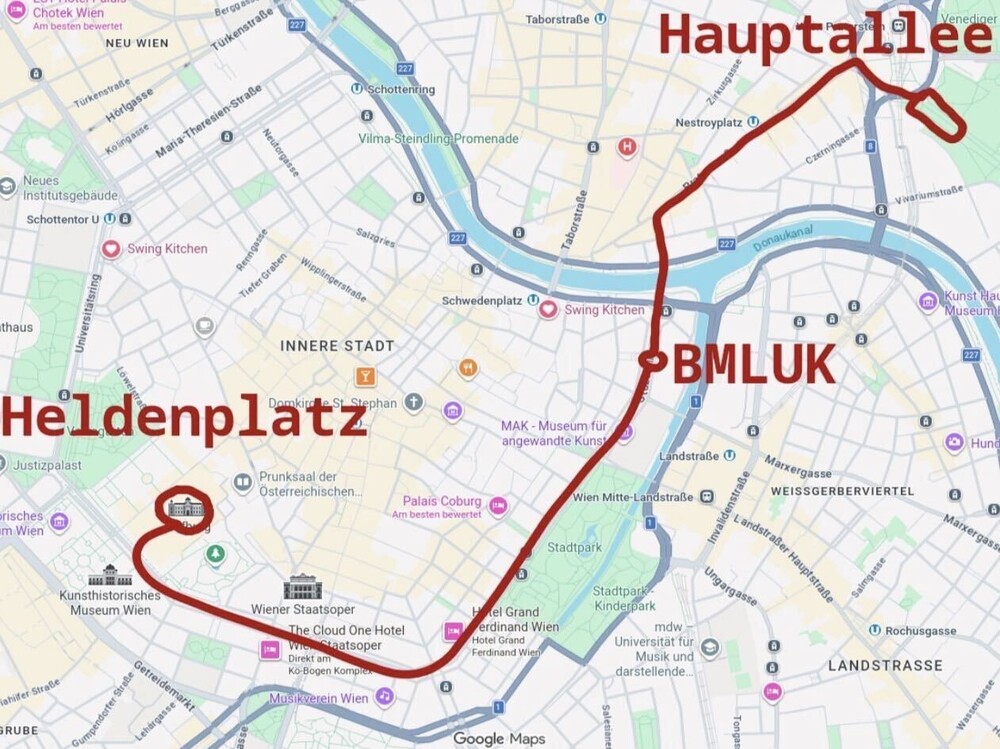 Demoroute von der Praterstern Hauptallee übers BMLUK zum Heldenplatz.